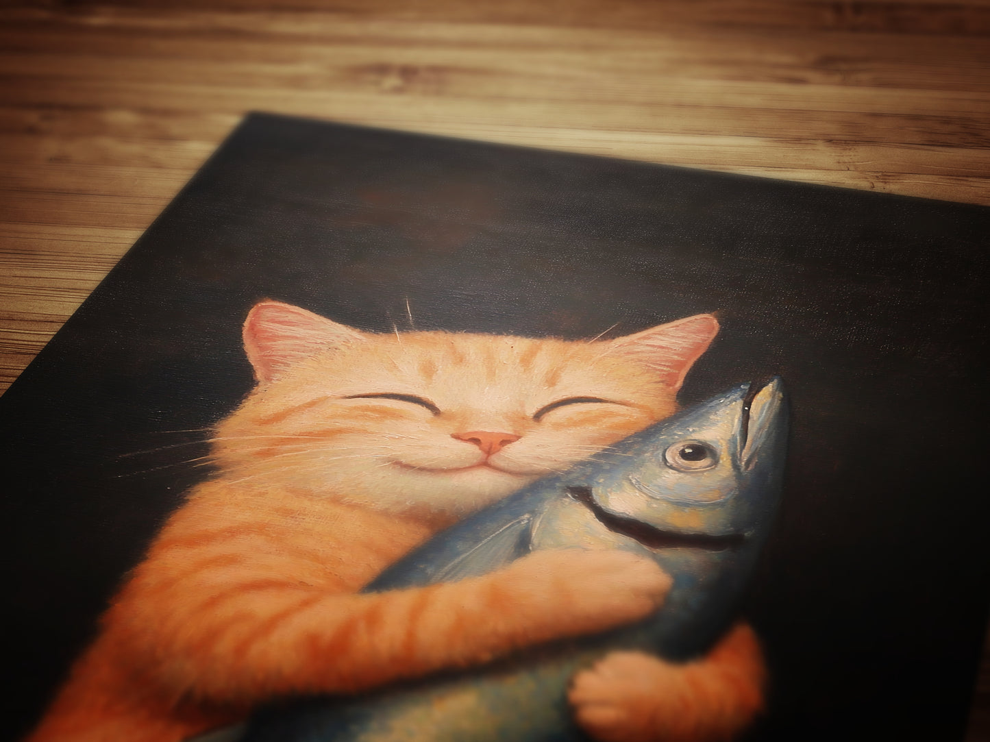 Cute Cat Art Painting, Funny Orange Tabby Feline Print Poster, Cat Lovers Gift & Wall Decor, Adorable Kitty Holding Fish, Playful Pet Gift