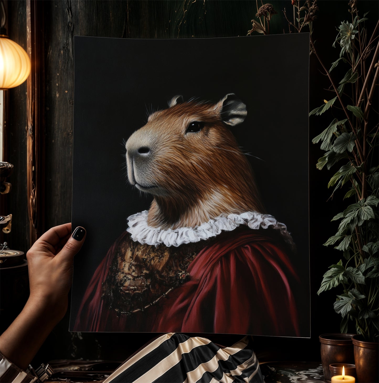 Gothic Capybara Portrait, Dark Academia Wall Decor, Funny Royal Pet Painting, Vintage Animal Lover Gift, Quirky Capybara Art Print