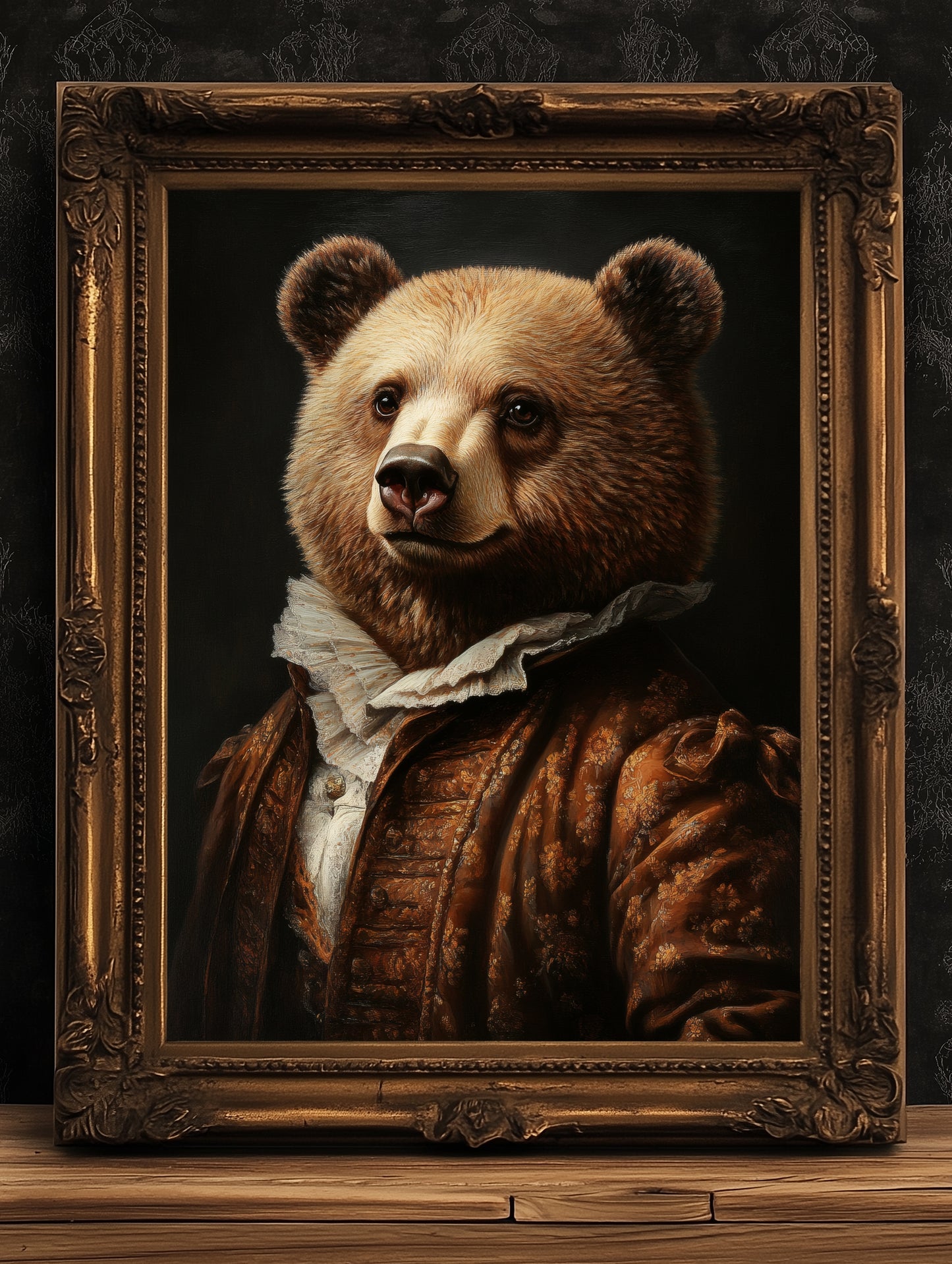 Gothic Bear Portrait, Dark Academia Wall Decor, Funny Royal Pet Painting, Vintage Animal Lover Gift, Quirky Bear Art Print
