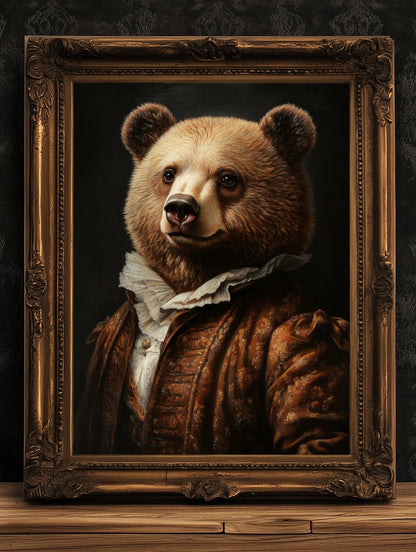 Gothic Bear Portrait, Dark Academia Wall Decor, Funny Royal Pet Painting, Vintage Animal Lover Gift, Quirky Bear Art Print