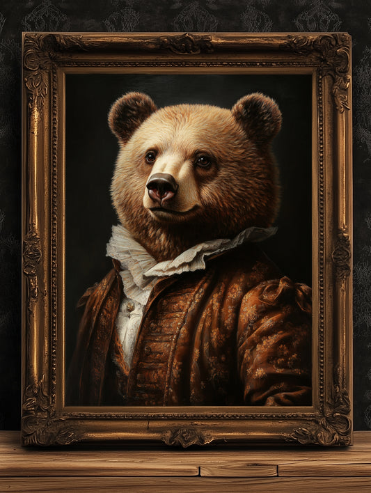 Gothic Bear Portrait, Dark Academia Wall Decor, Funny Royal Pet Painting, Vintage Animal Lover Gift, Quirky Bear Art Print