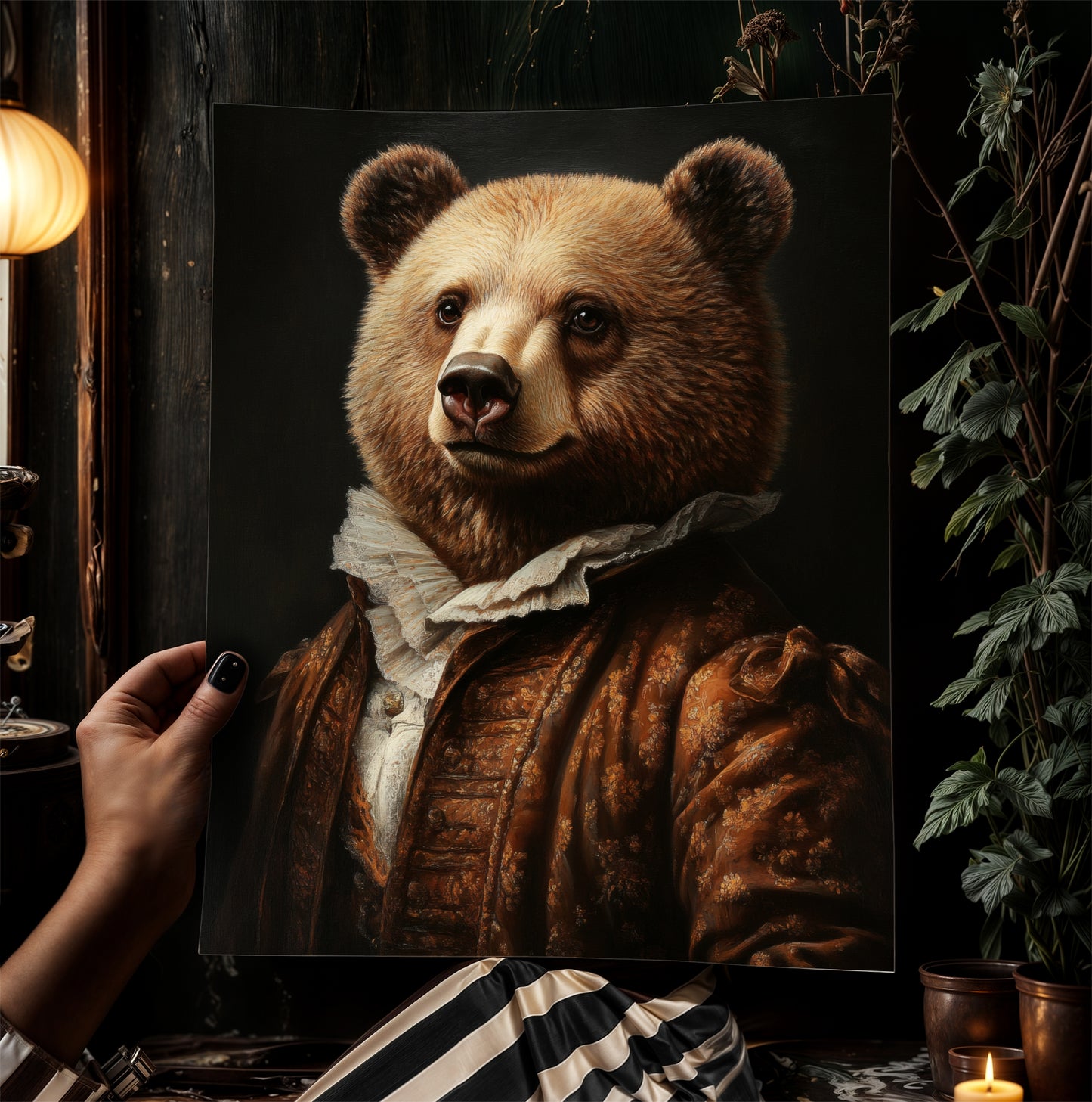 Gothic Bear Portrait, Dark Academia Wall Decor, Funny Royal Pet Painting, Vintage Animal Lover Gift, Quirky Bear Art Print