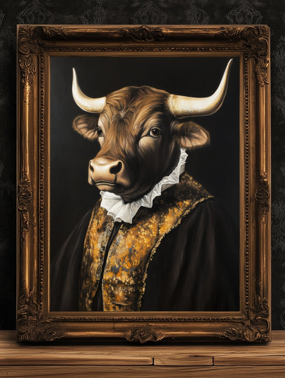 Gothic Bull Portrait, Dark Academia Wall Decor, Funny Royal Pet Painting, Vintage Animal Lover Gift, Quirky Bull Art Print