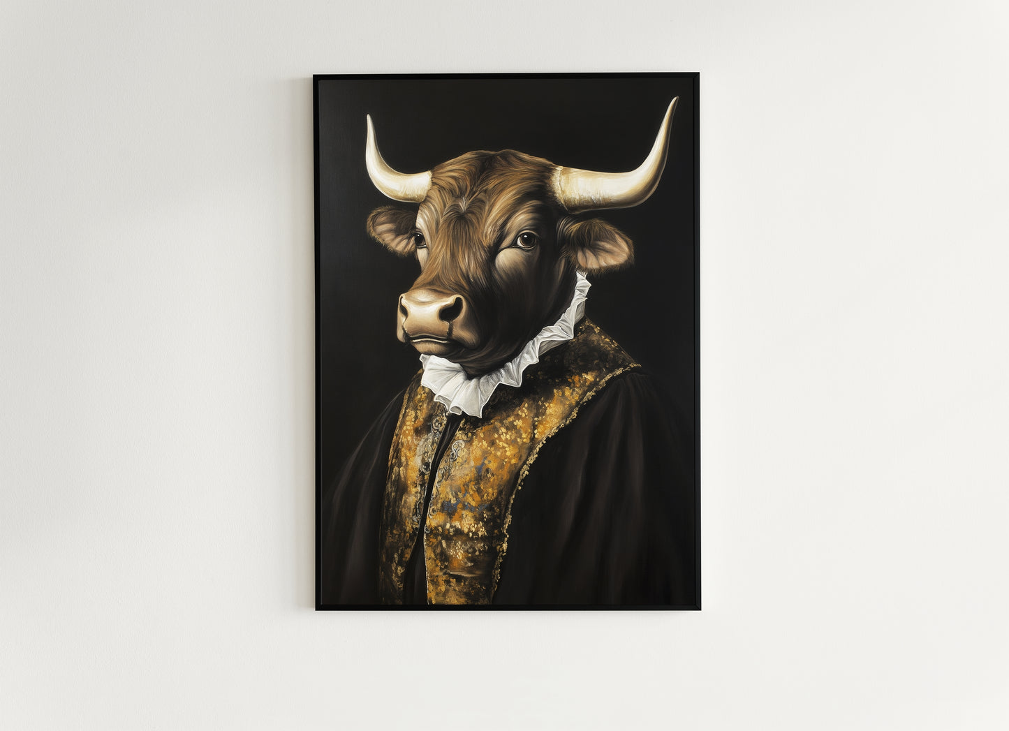 Gothic Bull Portrait, Dark Academia Wall Decor, Funny Royal Pet Painting, Vintage Animal Lover Gift, Quirky Bull Art Print