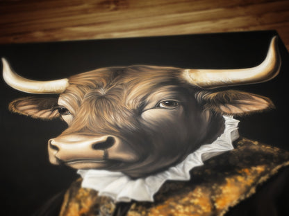 Gothic Bull Portrait, Dark Academia Wall Decor, Funny Royal Pet Painting, Vintage Animal Lover Gift, Quirky Bull Art Print