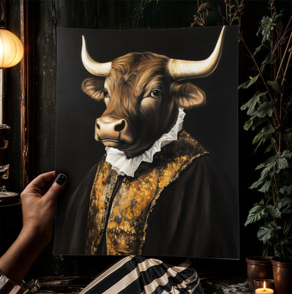 Gothic Bull Portrait, Dark Academia Wall Decor, Funny Royal Pet Painting, Vintage Animal Lover Gift, Quirky Bull Art Print