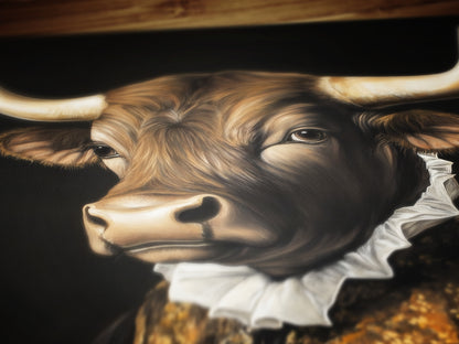Gothic Bull Portrait, Dark Academia Wall Decor, Funny Royal Pet Painting, Vintage Animal Lover Gift, Quirky Bull Art Print
