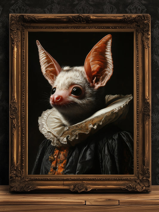 Gothic Bat Portrait, Dark Academia Wall Decor, Funny Royal Pet Painting, Vintage Animal Lover Gift, Quirky Bat Art Print
