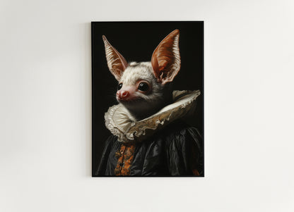 Gothic Bat Portrait, Dark Academia Wall Decor, Funny Royal Pet Painting, Vintage Animal Lover Gift, Quirky Bat Art Print
