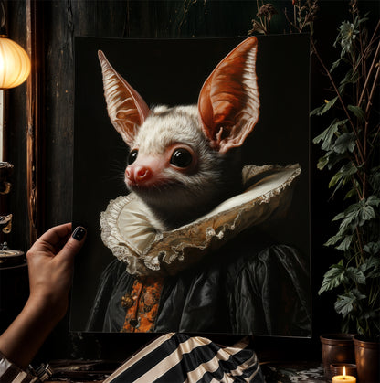 Gothic Bat Portrait, Dark Academia Wall Decor, Funny Royal Pet Painting, Vintage Animal Lover Gift, Quirky Bat Art Print