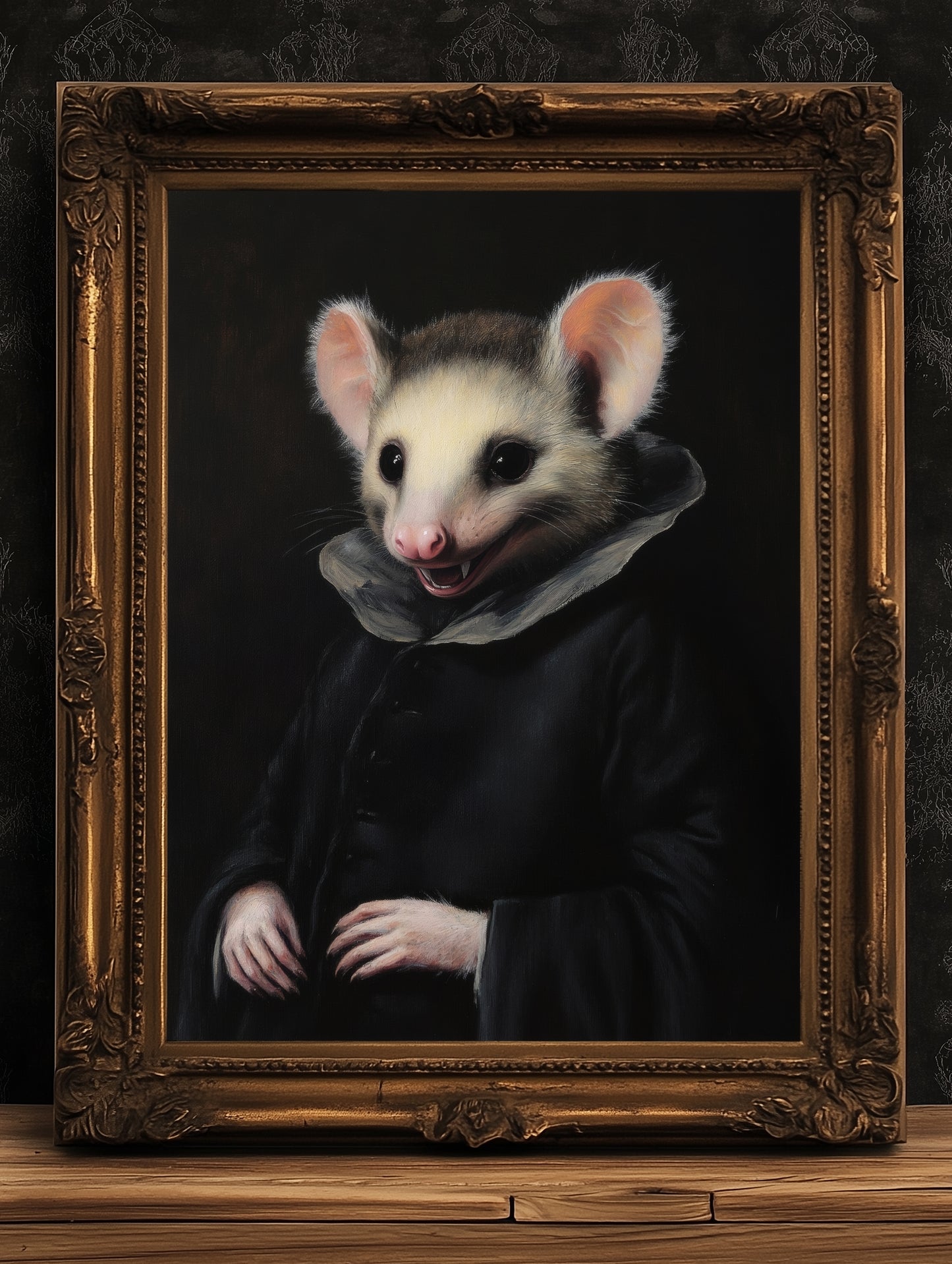 Gothic Possum Portrait, Dark Academia Wall Decor, Funny Royal Pet Painting, Vintage Animal Lover Gift, Quirky Opossum Art Print