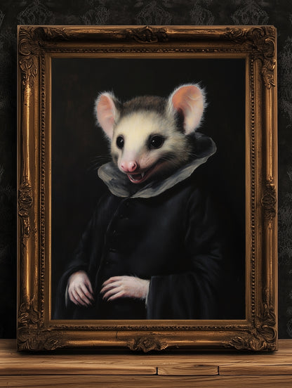 Gothic Possum Portrait, Dark Academia Wall Decor, Funny Royal Pet Painting, Vintage Animal Lover Gift, Quirky Opossum Art Print