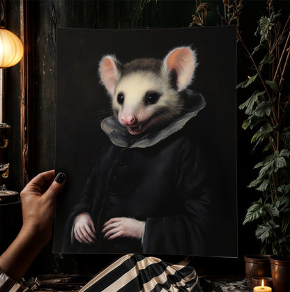 Gothic Possum Portrait, Dark Academia Wall Decor, Funny Royal Pet Painting, Vintage Animal Lover Gift, Quirky Opossum Art Print