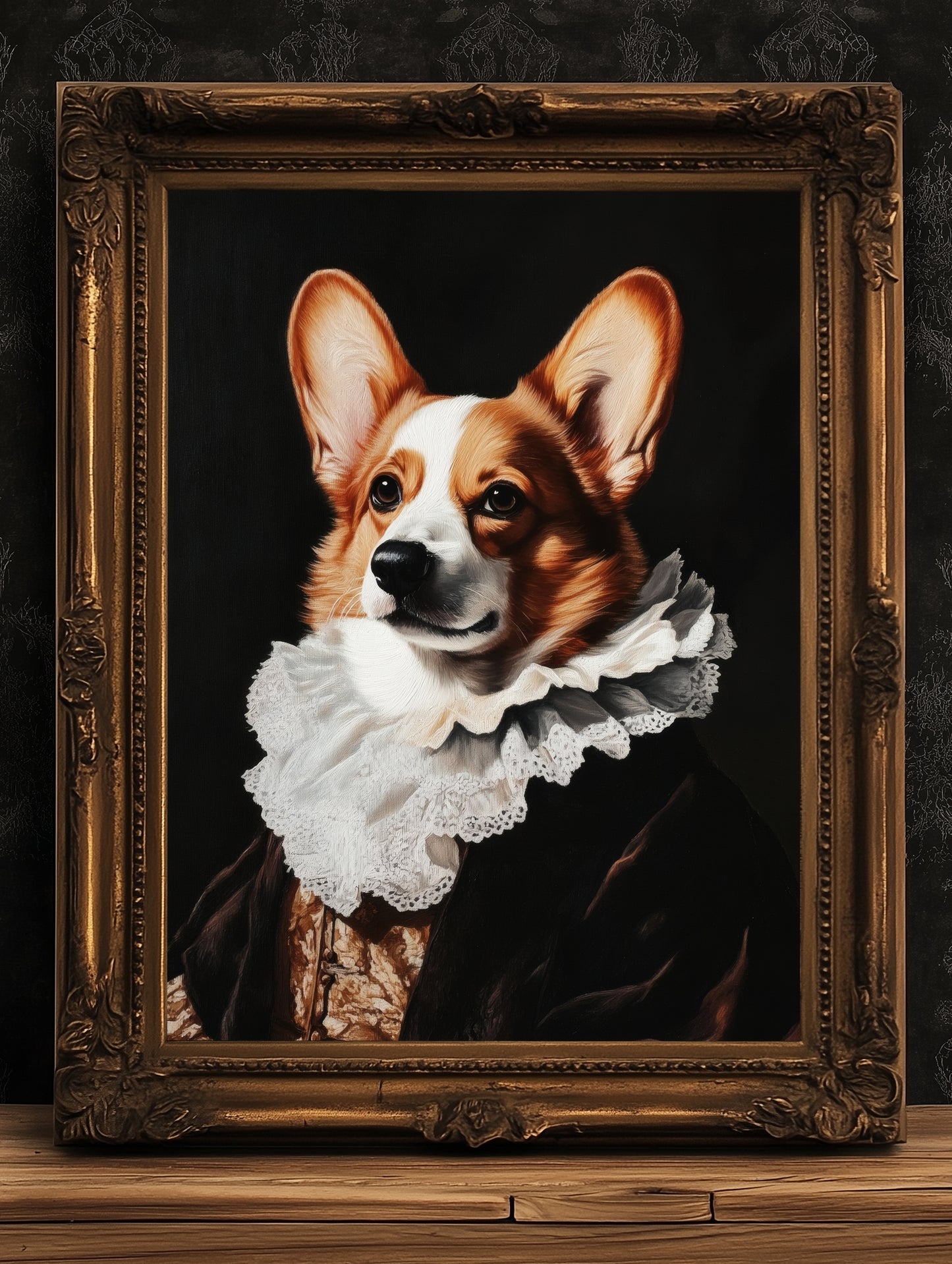 Gothic Corgi Dog Portrait, Dark Academia Wall Decor, Funny Royal Pet Painting, Vintage Animal Lover Gift, Quirky Dog Art Print