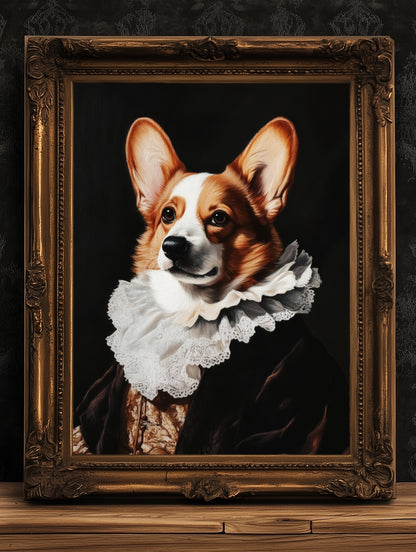 Gothic Corgi Dog Portrait, Dark Academia Wall Decor, Funny Royal Pet Painting, Vintage Animal Lover Gift, Quirky Dog Art Print