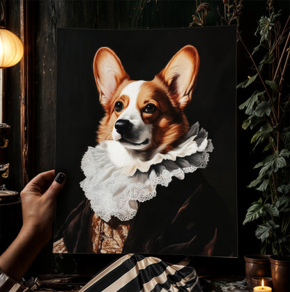 Gothic Corgi Dog Portrait, Dark Academia Wall Decor, Funny Royal Pet Painting, Vintage Animal Lover Gift, Quirky Dog Art Print