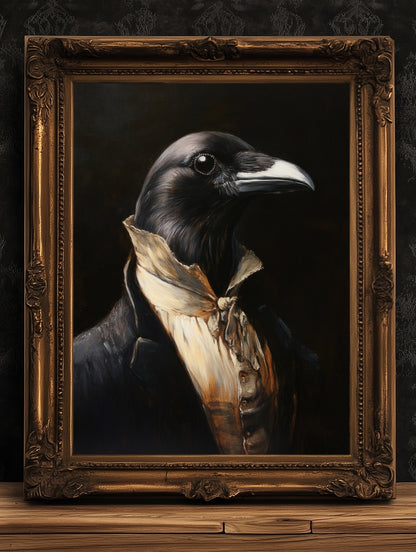 Gothic Crow Portrait, Dark Academia Wall Decor, Funny Royal Pet Painting, Vintage Animal Lover Gift, Quirky Crow Art Print
