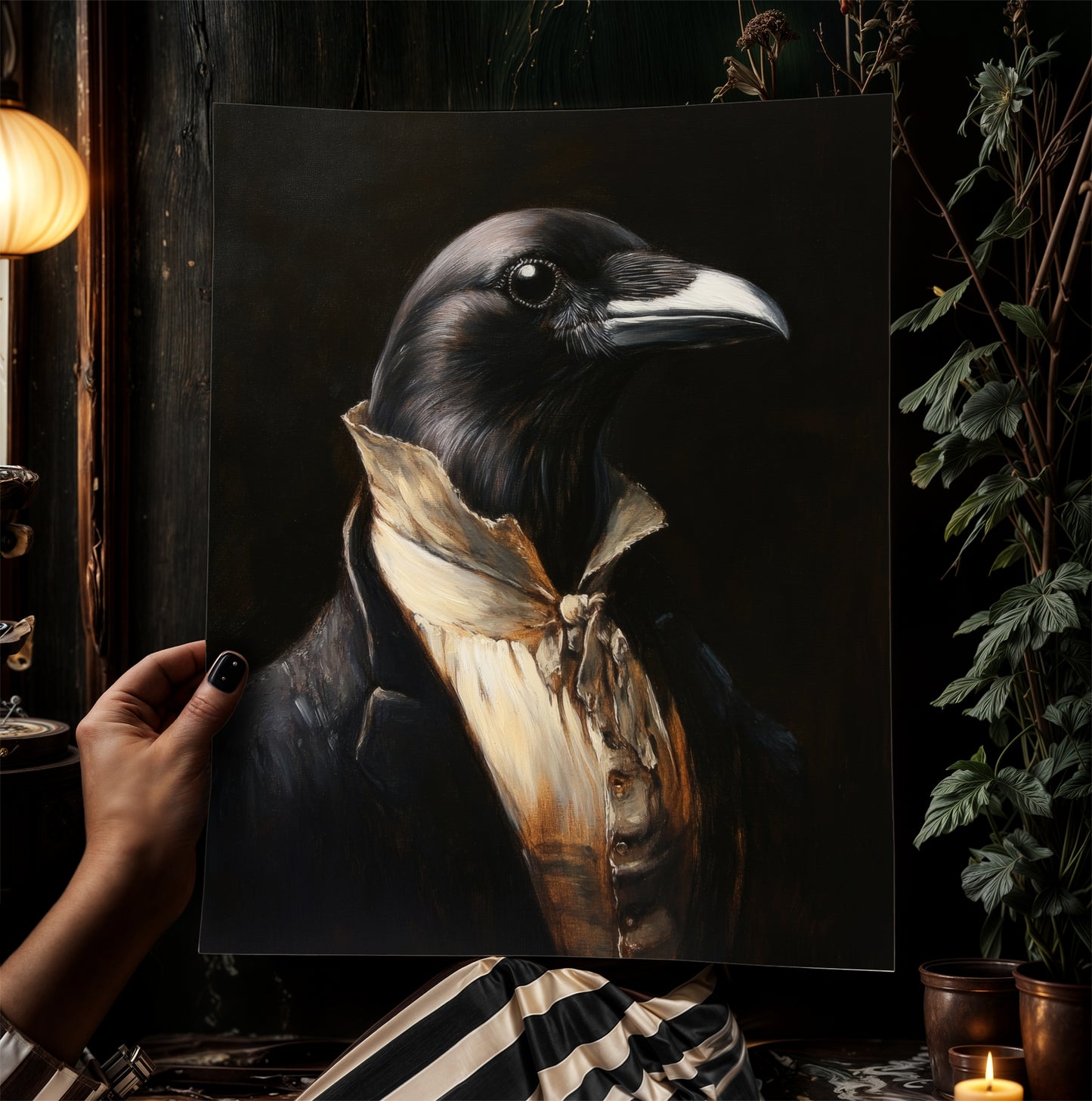 Gothic Crow Portrait, Dark Academia Wall Decor, Funny Royal Pet Painting, Vintage Animal Lover Gift, Quirky Crow Art Print