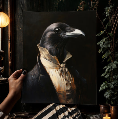 Gothic Crow Portrait, Dark Academia Wall Decor, Funny Royal Pet Painting, Vintage Animal Lover Gift, Quirky Crow Art Print