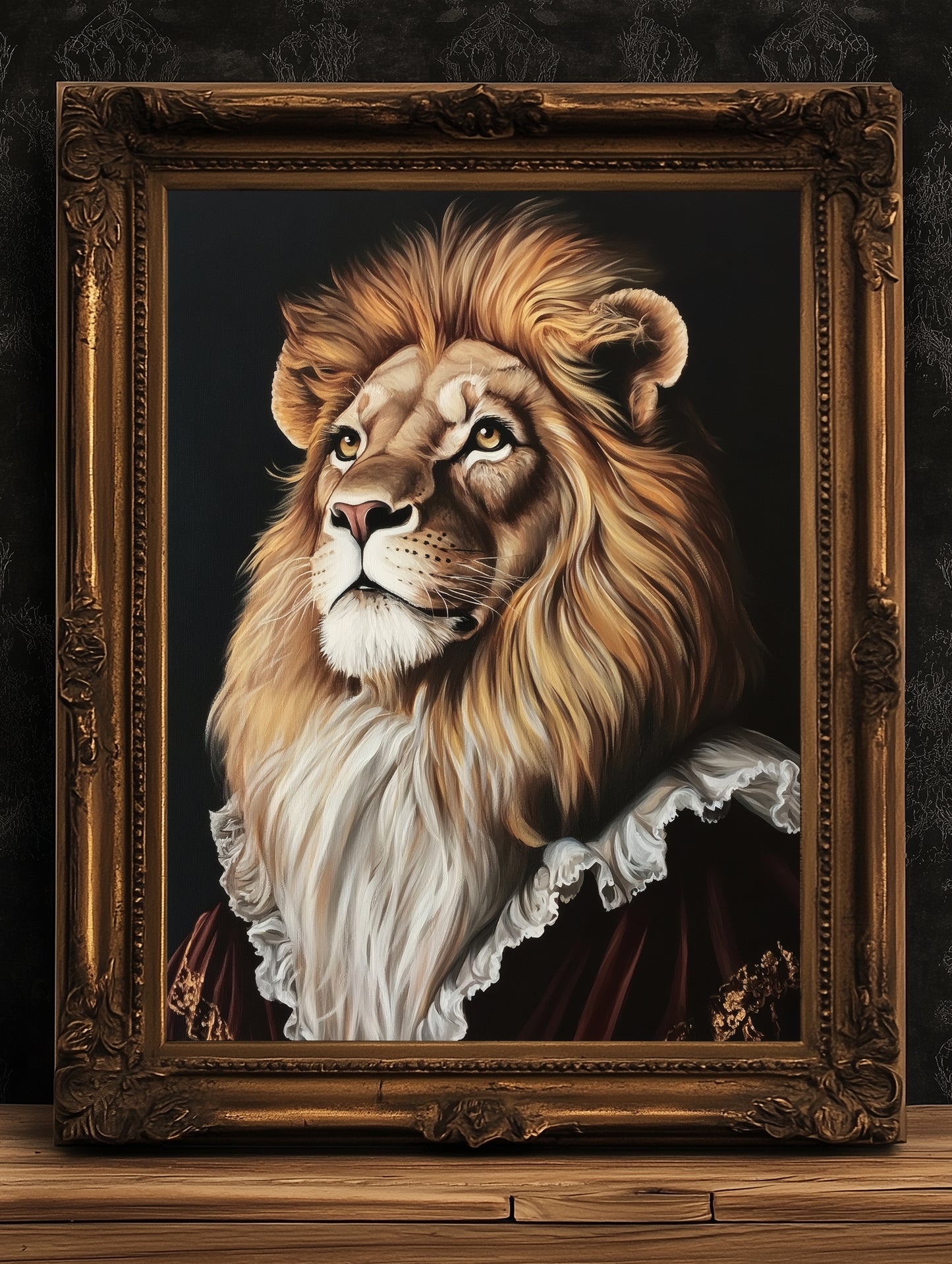 Gothic Lion Portrait, Dark Academia Wall Decor, Funny Royal Pet Painting, Vintage Animal Lover Gift, Quirky Feline Lion Art Print