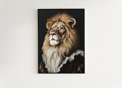 Gothic Lion Portrait, Dark Academia Wall Decor, Funny Royal Pet Painting, Vintage Animal Lover Gift, Quirky Feline Lion Art Print