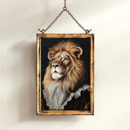 Gothic Lion Portrait, Dark Academia Wall Decor, Funny Royal Pet Painting, Vintage Animal Lover Gift, Quirky Feline Lion Art Print