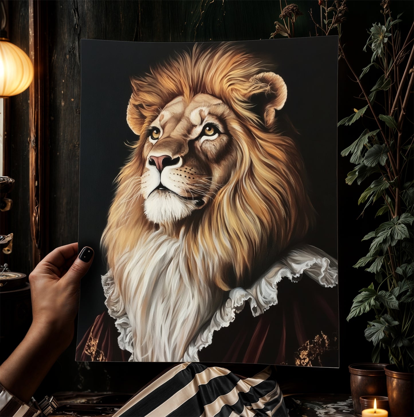 Gothic Lion Portrait, Dark Academia Wall Decor, Funny Royal Pet Painting, Vintage Animal Lover Gift, Quirky Feline Lion Art Print
