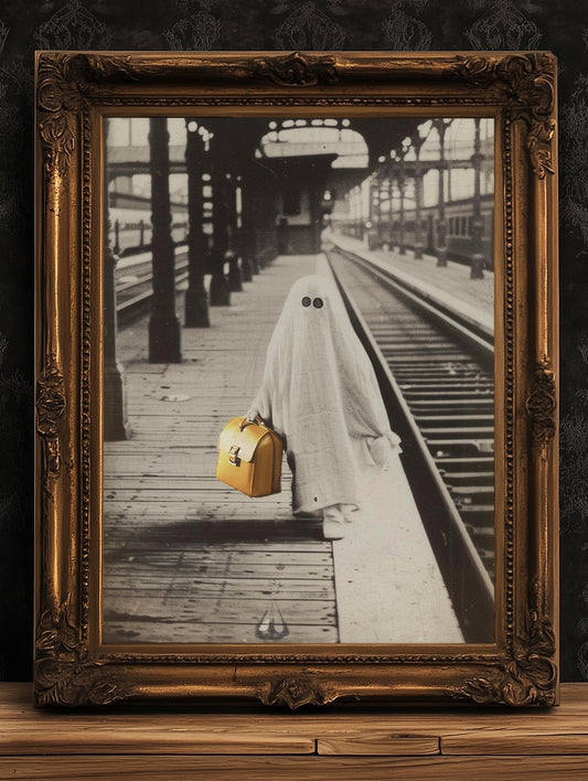 Ghostly Travels, Ghost At A Train Station, Victorian Poster, Gothic Photograph, Art Print Bizarre Occult Poster, Dark Academia Decor