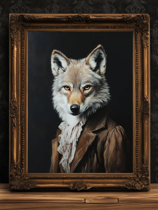 Gothic Wolf Portrait, Dark Academia Wall Decor, Funny Royal Pet Painting, Vintage Animal Lover Gift, Quirky Wolf Art Print