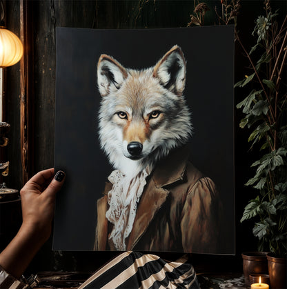 Gothic Wolf Portrait, Dark Academia Wall Decor, Funny Royal Pet Painting, Vintage Animal Lover Gift, Quirky Wolf Art Print