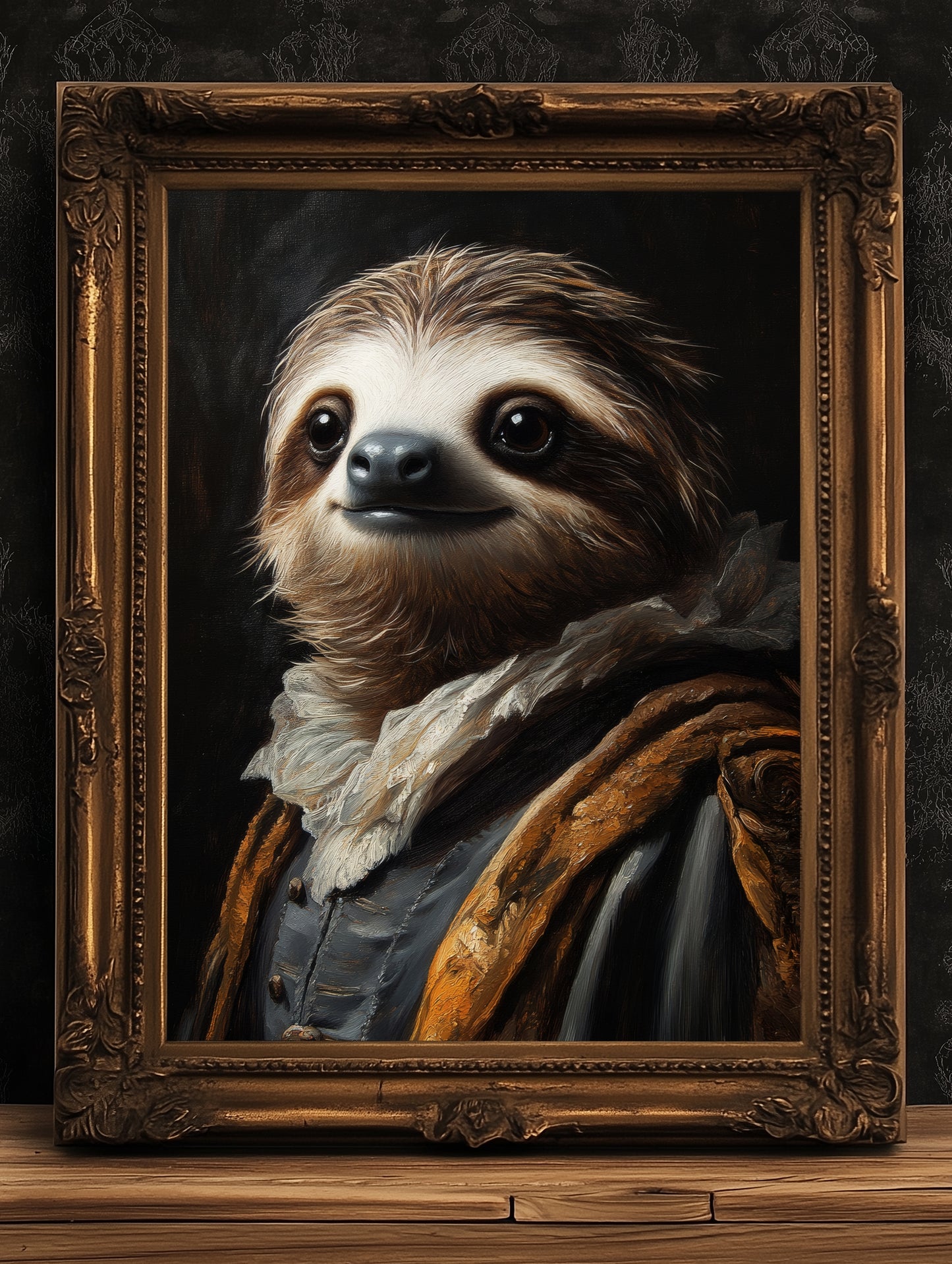 Gothic Sloth Portrait, Dark Academia Wall Decor, Funny Royal Pet Painting, Vintage Animal Lover Gift, Quirky Sloth Art Print