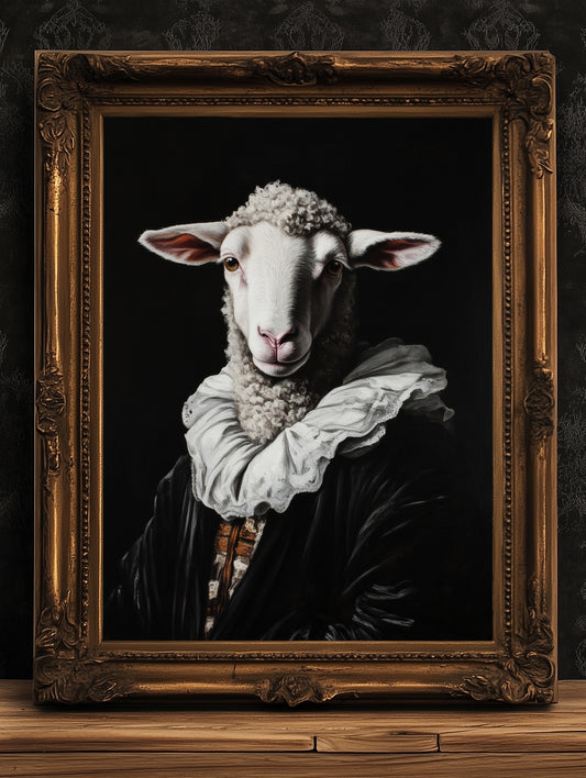 Gothic Sheep Portrait, Dark Academia Wall Decor, Funny Royal Pet Painting, Vintage Animal Lover Gift, Quirky Sheep Art Print