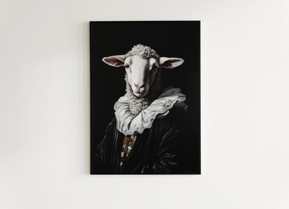 Gothic Sheep Portrait, Dark Academia Wall Decor, Funny Royal Pet Painting, Vintage Animal Lover Gift, Quirky Sheep Art Print