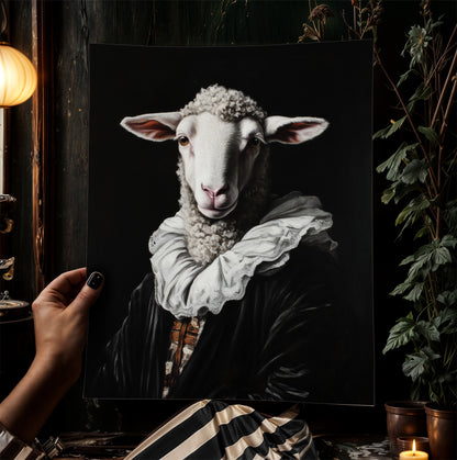Gothic Sheep Portrait, Dark Academia Wall Decor, Funny Royal Pet Painting, Vintage Animal Lover Gift, Quirky Sheep Art Print
