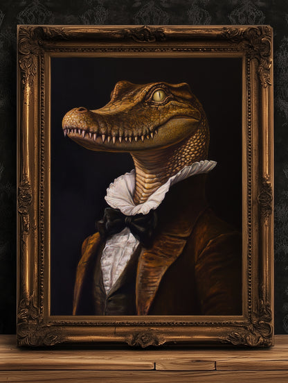 Gothic Gator Portrait, Dark Academia Wall Decor, Funny Royal Pet Painting, Vintage Animal Lover Gift, Quirky Alligator Art Print