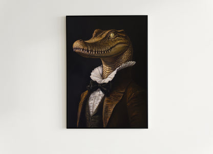 Gothic Gator Portrait, Dark Academia Wall Decor, Funny Royal Pet Painting, Vintage Animal Lover Gift, Quirky Alligator Art Print