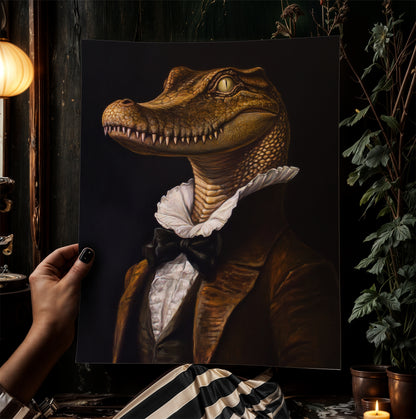 Gothic Gator Portrait, Dark Academia Wall Decor, Funny Royal Pet Painting, Vintage Animal Lover Gift, Quirky Alligator Art Print