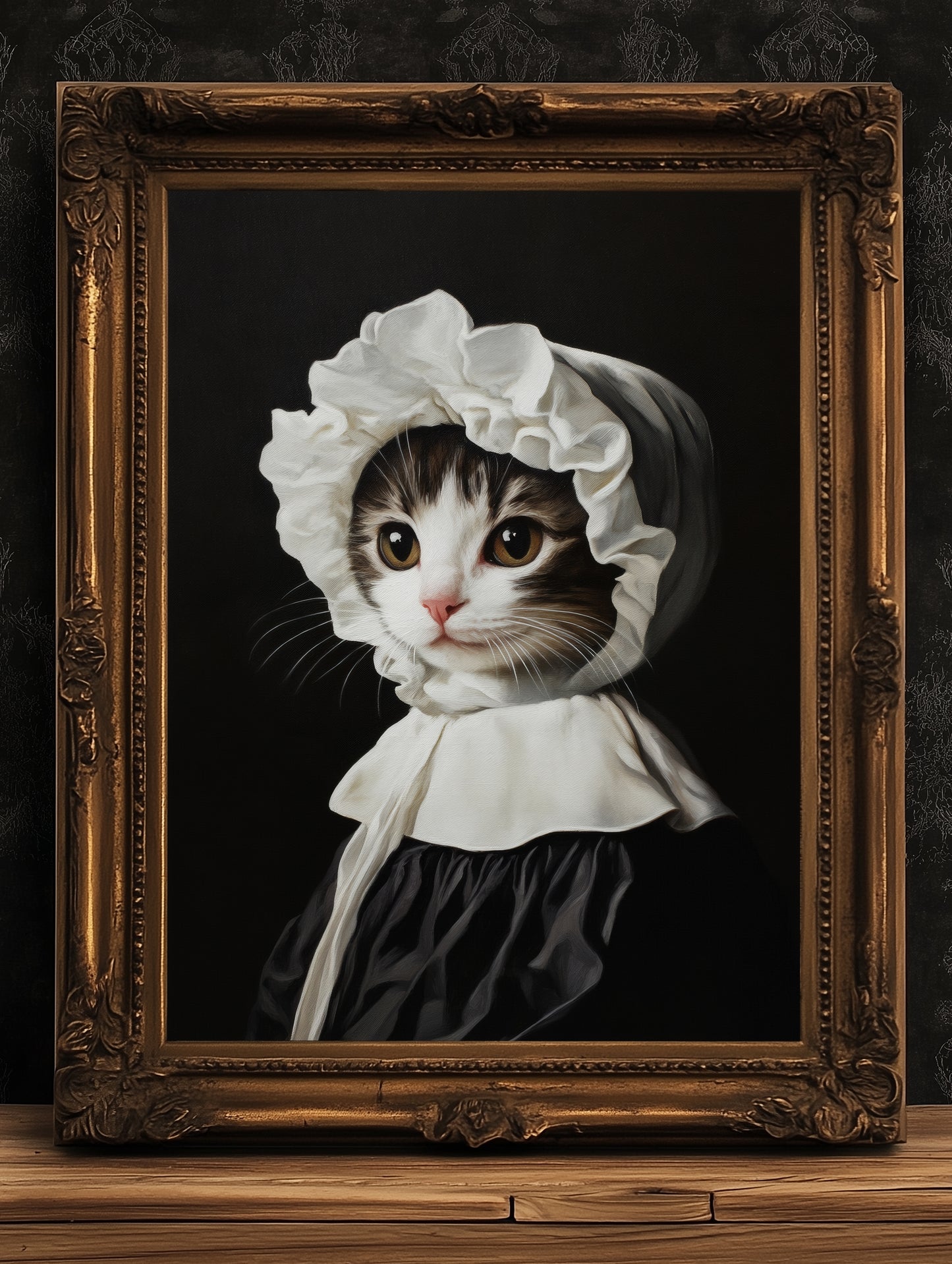 Gothic Kitten Portrait, Dark Academia Wall Decor, Funny Royal Pet Painting, Vintage Animal Lover Gift, Quirky Feline Cat Art Print