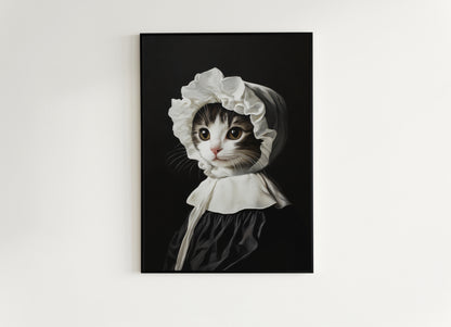 Gothic Kitten Portrait, Dark Academia Wall Decor, Funny Royal Pet Painting, Vintage Animal Lover Gift, Quirky Feline Cat Art Print