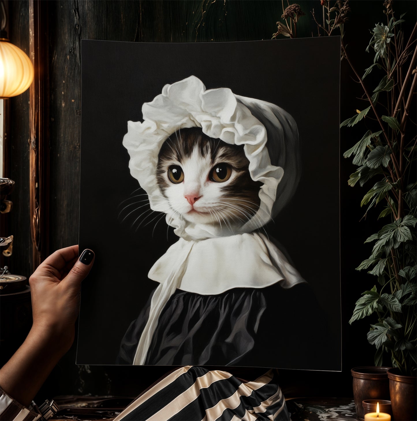 Gothic Kitten Portrait, Dark Academia Wall Decor, Funny Royal Pet Painting, Vintage Animal Lover Gift, Quirky Feline Cat Art Print