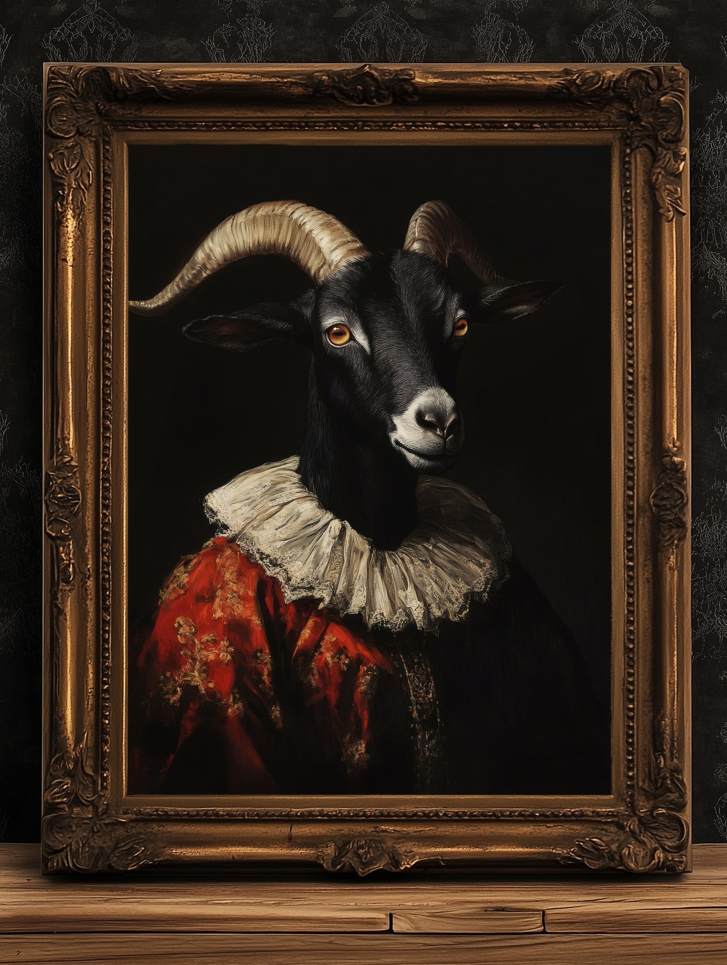 Gothic Black Goat Portrait, Dark Academia Witchy Wall Decor, Royal Pet Painting, Vintage Animal Lover Gift, Quirky Black Phillip Art Print
