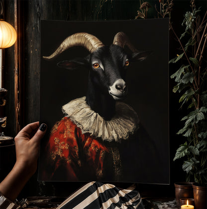 Gothic Black Goat Portrait, Dark Academia Witchy Wall Decor, Royal Pet Painting, Vintage Animal Lover Gift, Quirky Black Phillip Art Print