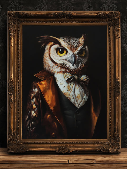 Gothic Owl Portrait, Dark Academia Wall Decor, Funny Royal Pet Painting, Vintage Animal Lover Gift, Quirky Raptor Bird Art Print