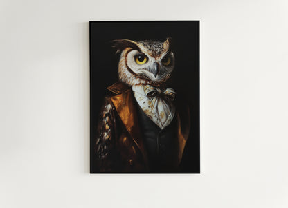 Gothic Owl Portrait, Dark Academia Wall Decor, Funny Royal Pet Painting, Vintage Animal Lover Gift, Quirky Raptor Bird Art Print