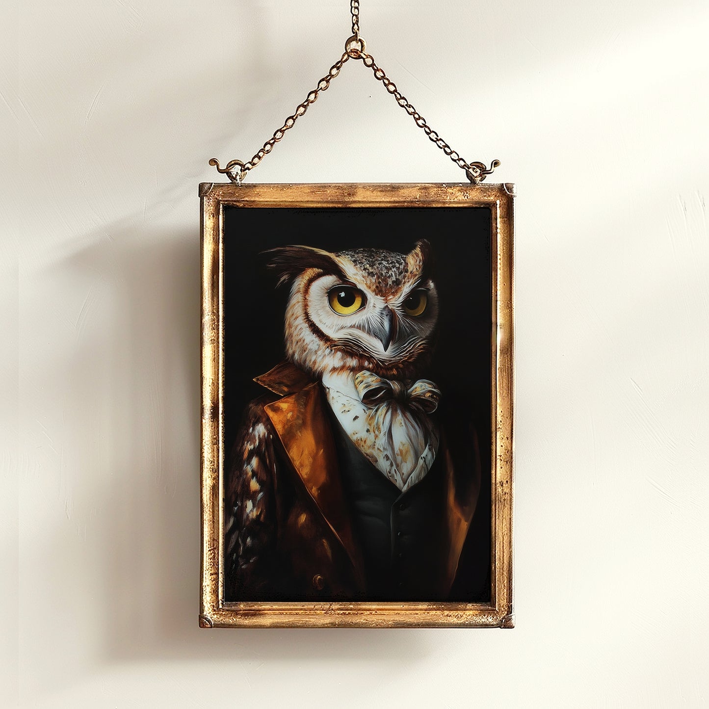 Gothic Owl Portrait, Dark Academia Wall Decor, Funny Royal Pet Painting, Vintage Animal Lover Gift, Quirky Raptor Bird Art Print
