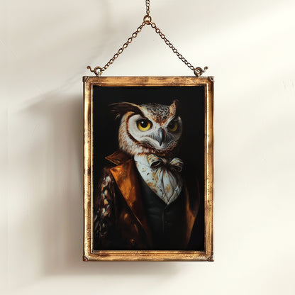 Gothic Owl Portrait, Dark Academia Wall Decor, Funny Royal Pet Painting, Vintage Animal Lover Gift, Quirky Raptor Bird Art Print