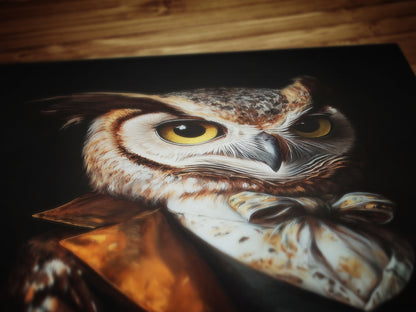 Gothic Owl Portrait, Dark Academia Wall Decor, Funny Royal Pet Painting, Vintage Animal Lover Gift, Quirky Raptor Bird Art Print