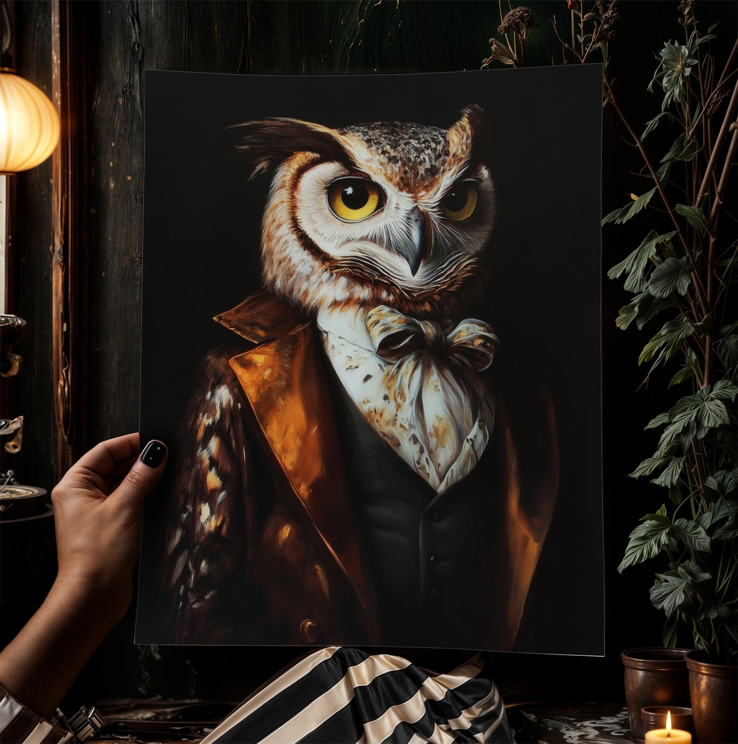 Gothic Owl Portrait, Dark Academia Wall Decor, Funny Royal Pet Painting, Vintage Animal Lover Gift, Quirky Raptor Bird Art Print