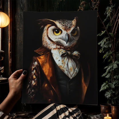 Gothic Owl Portrait, Dark Academia Wall Decor, Funny Royal Pet Painting, Vintage Animal Lover Gift, Quirky Raptor Bird Art Print