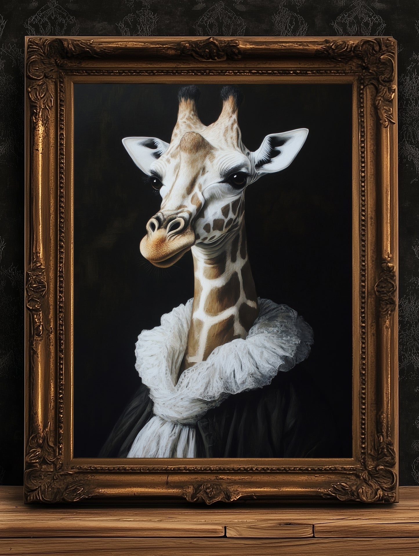 Gothic Giraffe Portrait, Dark Academia Wall Decor, Funny Royal Pet Painting, Vintage Animal Lover Gift, Quirky Giraffe Art Print